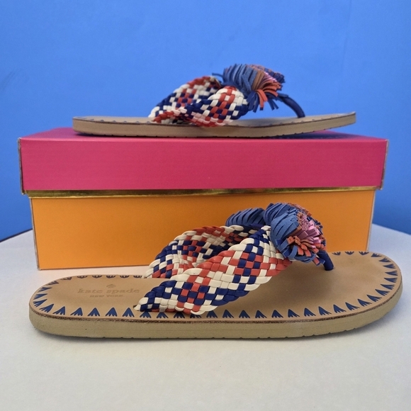 Kate Spade Idette Fringe Rosette Pom Sandal Flip Flop Blue Tangelo Tan Women’s 9 - Picture 5 of 15